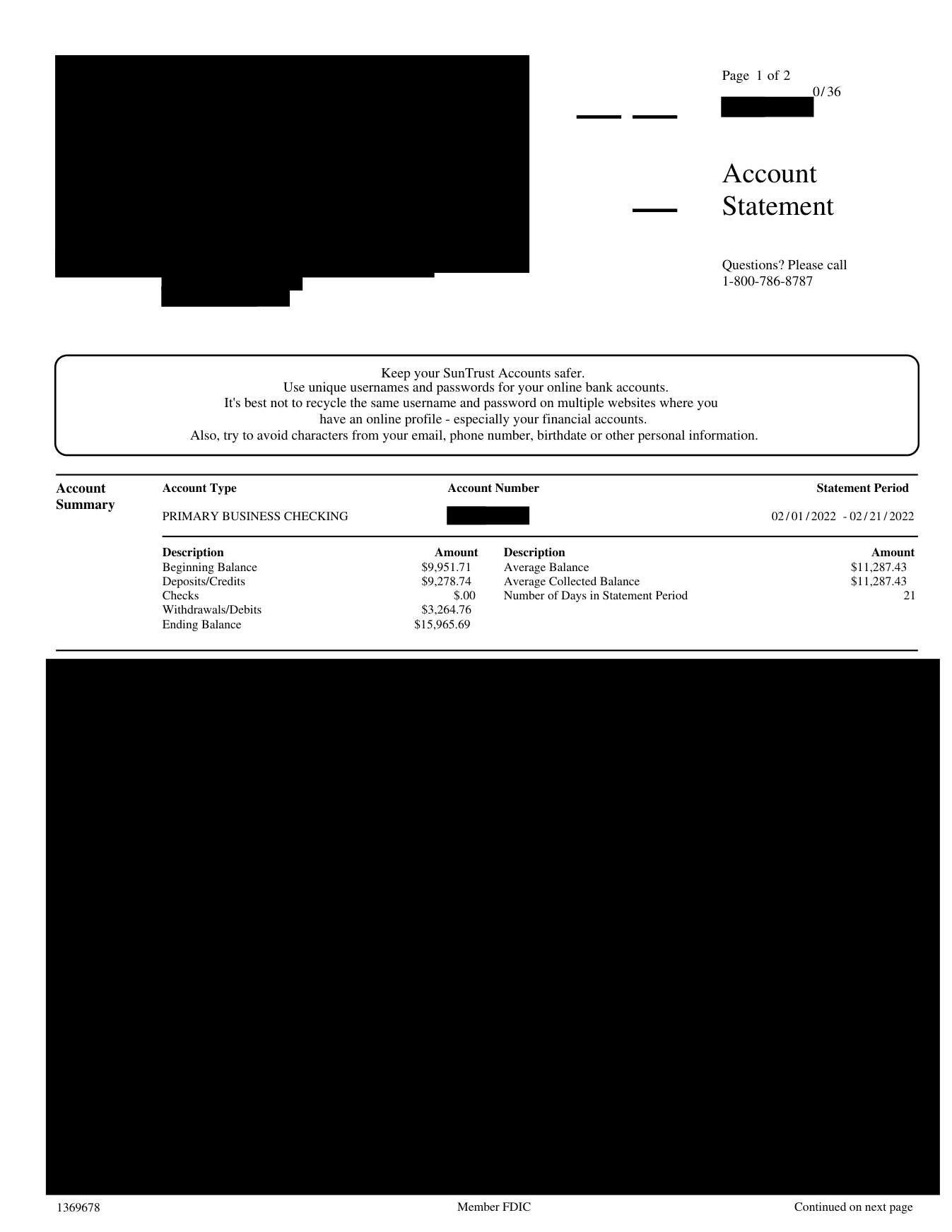 Redacted SunTrust business checking statement summary, February 2022