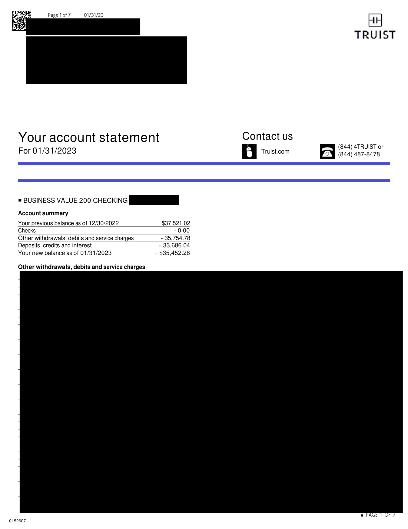 Redacted Truist business checking statement summary, period ending January 2023